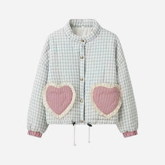 Plaid Heart Patterned Pocket Parka Padded Jacket