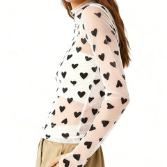 Long Sleeve Sheer Heart Print Top