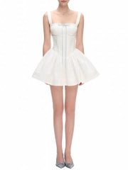 White Square Collar Sleeveless Bow Corset Puffy Short Dress