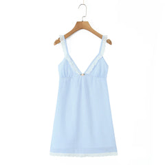 Blue Striped V Neck A-line Short Dress