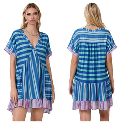 Floral Print Short Sleeve V-Neck Ruffled Hem Loose Mini Dress with Pockets