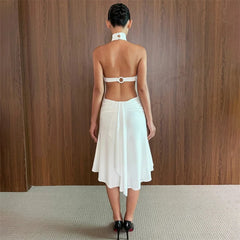 Halter Neck Backless Hollow Out Back Tie‑Up Ruffle Hem Mermaid Midi Dress