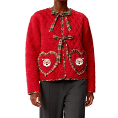 Christmas Quilted Santa Claus Embroidery Heart Pockets Jacket