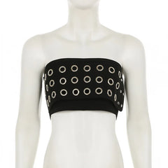 Black Metal Eyelets Tube Top And Low Waist Shorts Set