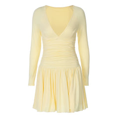 Yellow Deep V Neck Ruched Long Sleeve Mini Dress