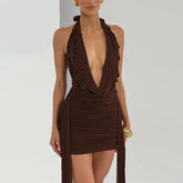 Halter Deep V Neck Teardrop Crystals Draped Mini Dress