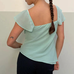 Ruffle Cap Sleeve Bow Tie Flowy Top