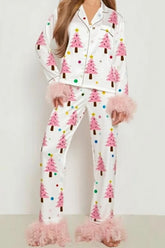 Christmas Satin Feather Trim Button-down Shirt And Pants Pj Set