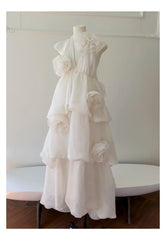 White Halter 3D Floral Tiered Bud Maxi Dress
