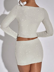 Sequin Solid Long Sleeve Top And Mini Skirt Set