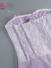 Purple 3d Flower Strapless Slit Cut Out Mesh Maxi Dress