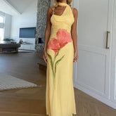 Yellow Floral Spaghetti Strap Halter Wrap Long Dress