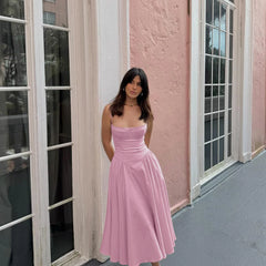 Solid Spaghetti Strap Bustier Pleated Midi Dress