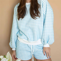 Gingham Crew Neck Long Sleeve Sweatshirt and Elastic Drawstring Shorts Set