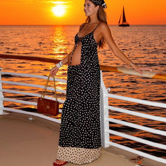 Black Dotted Slit Long Top And Maxi Skirt Set