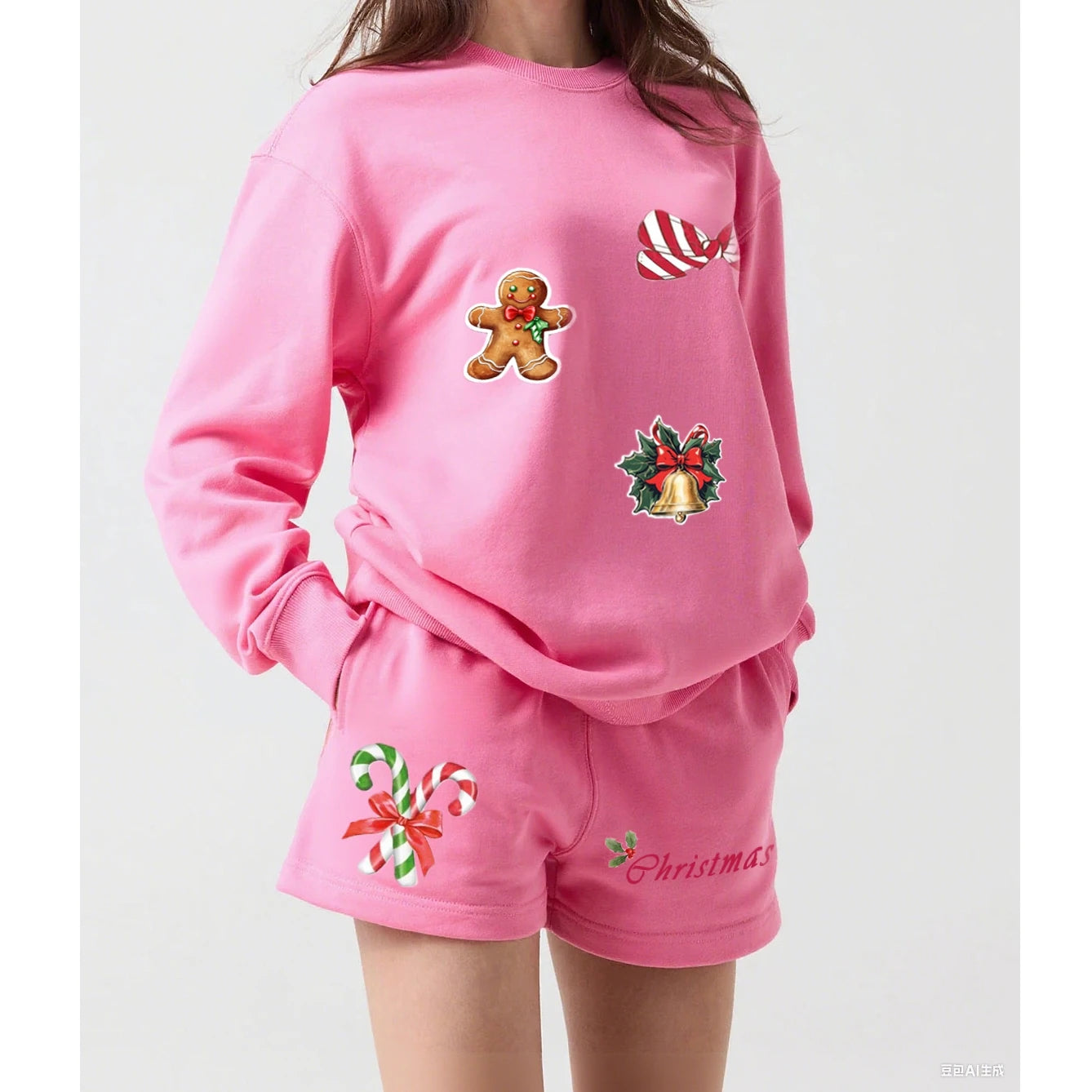 Pink Christmas-themed pajama set with gingerbread man, candy cane, and bell designs
