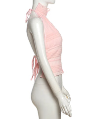 Pink Ruched Halter Open Back Top And Fur Sequin Shorts Set