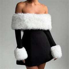 Off Shoulder Fur Trim A Line Mini Dress