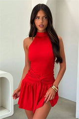 Halter Sleeveless Twist Ruched Waist Mini Dress