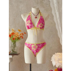 Floral Color Block Triangle Bikini And Pants With Cover Up Skirt Three-Piece Set