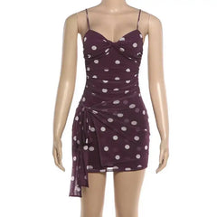 Purple Polka Dot Mesh Tie Up Ruched Waist Mini Dress