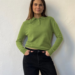 Solid Long Sleeve Lapel Collar Knit Pullover Top