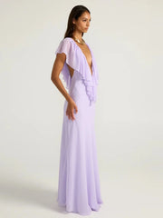Purple Ruffle Neck Mesh Maxi Dress