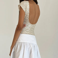 Sequin Short Sleeve Low Back Top