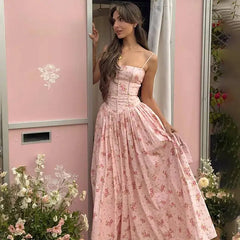 Floral Print Square Neck Strap Long Dress