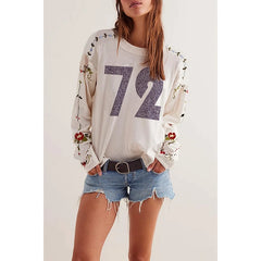 Graphic Numer Floral Embroidery Long Sleeve Shirt