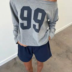 Grey Off Shoulder Long Sleeve Jersey Number Graphic Tee