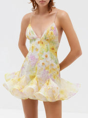 Colorblock Floral Cross Strap Mini Dress