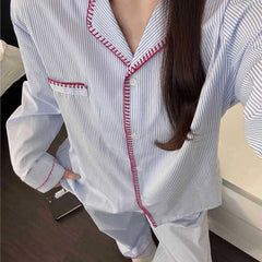Blue Stripe Contrast Trim Pajama Set