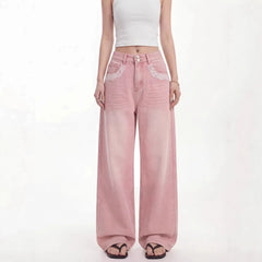 Pink Lace Trim Wide Leg Jeans