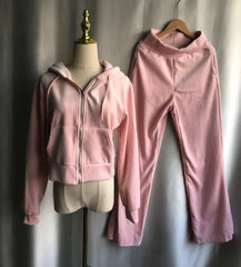 Velvet Hooded Zipper Crop Jackets And High Waist Straight Wide Leg Pants Set