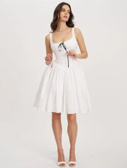 White Lace Trim Ribbon Bow Front A-Line Mini Dress