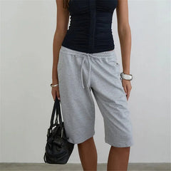 Drawstring Side Snap Button Knee Length Bermuda Shorts