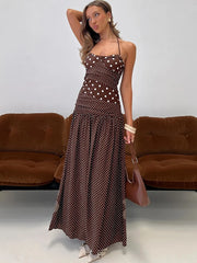 Polka Dot Patchwork Print Halter Maxi Dress