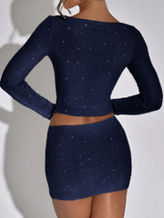 Sequin Solid Long Sleeve Top And Mini Skirt Set