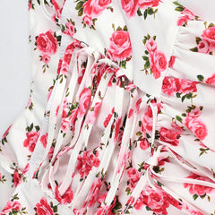 White Floral Print Tie Up Strap Midi Dress