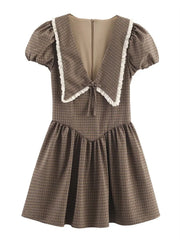 Brown Plaid Puff Short Sleeve Peterpan Collar Mini Dress