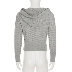 Grey Knitted Zipper Hooded Jacket And Wide Leg Pants Set