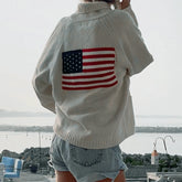 Women's American flag print cardigan with a loose fit and v-neck.