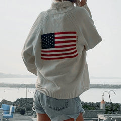 Women's American flag print cardigan with a loose fit and v-neck.