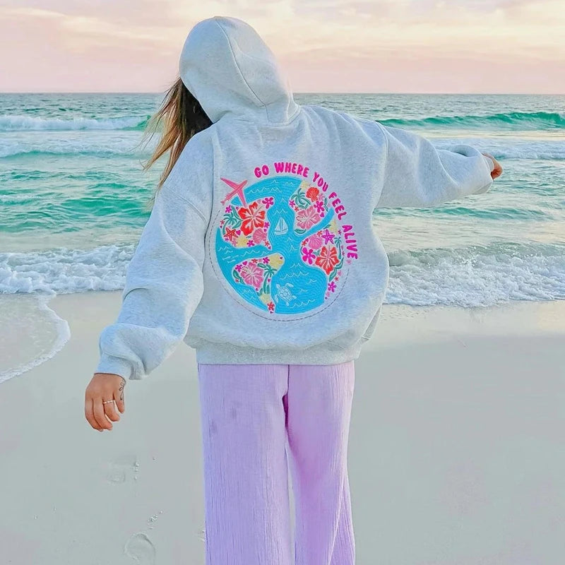 Women's grey flower letter embroidery hoodie with a loose fit and kangaroo pocket.