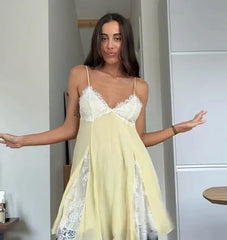 Yellow Lace Patchwork Spaghetti Strap Mini Dress