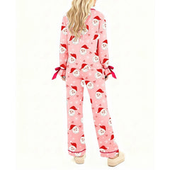 Christmas Bow Tie Ruffle Long Sleeve Shirt with Pants Pj Set