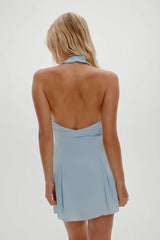 Blue Halter Bow Buttoned Mini Dress