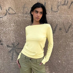 Solid Hollow Out Backless Long Sleeve T-Shirt