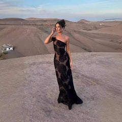 Black One-Shoulder Floral Desgin Long Dress